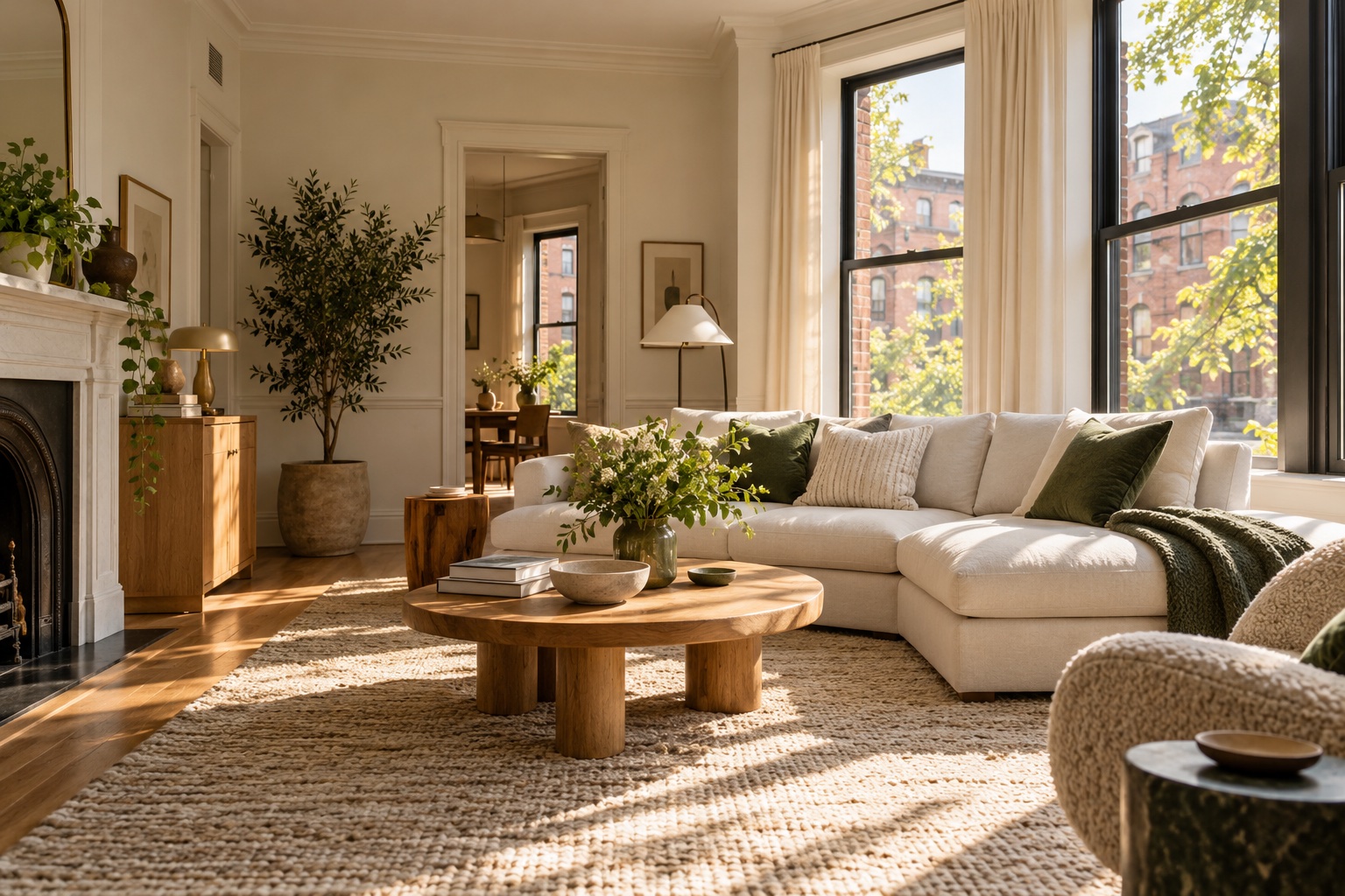 Sunlit living room with a cream sofa, warm oak furniture and green plants