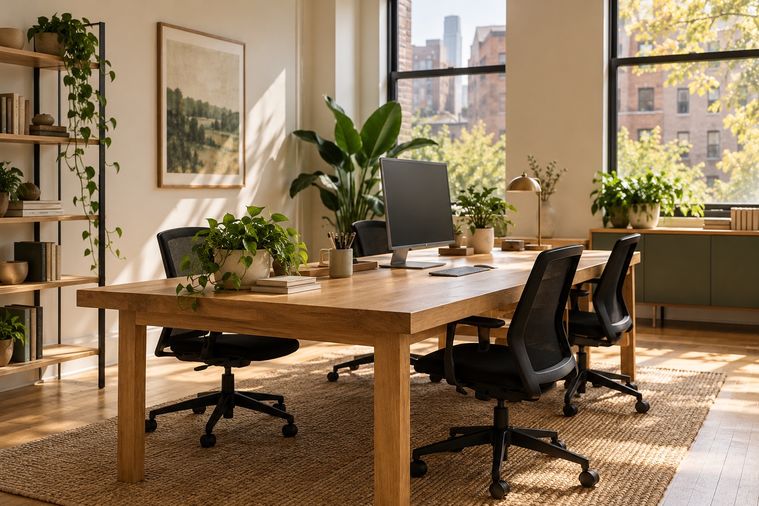 Tidy small office with oak desks, black chairs and indoor plants